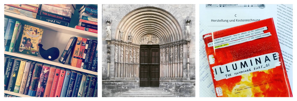 What better way than to have instagram pictures for this post? From left to right: the maskot of my publisher on my shelf, the entrance to Bamberg cathedral, and bookish uni work.